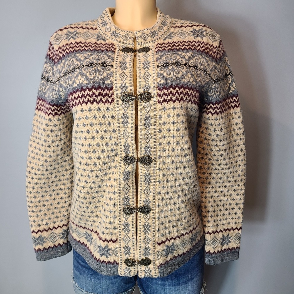 Vintage Cardigan Nordic Fair Isle Blue Ice Sweater Womens‎ Sz Small 90s Cottage
